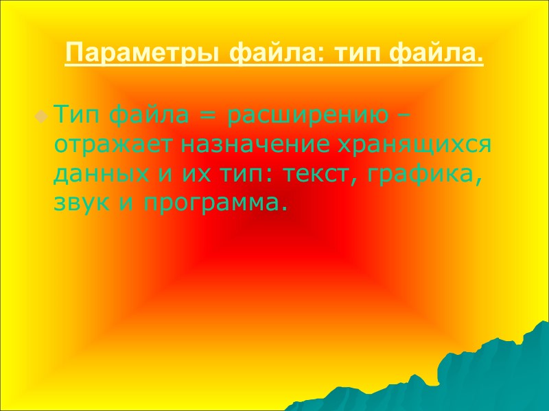 Параметры файла: тип файла. Тип файла = расширению – отражает назначение хранящихся данных и